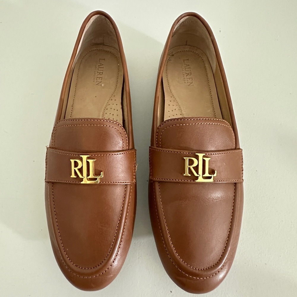 LRL Ralph Lauren Averie Brown Leather Loafers Gold Monogram Womens 8 US 39 EU - Picture 6 of 11